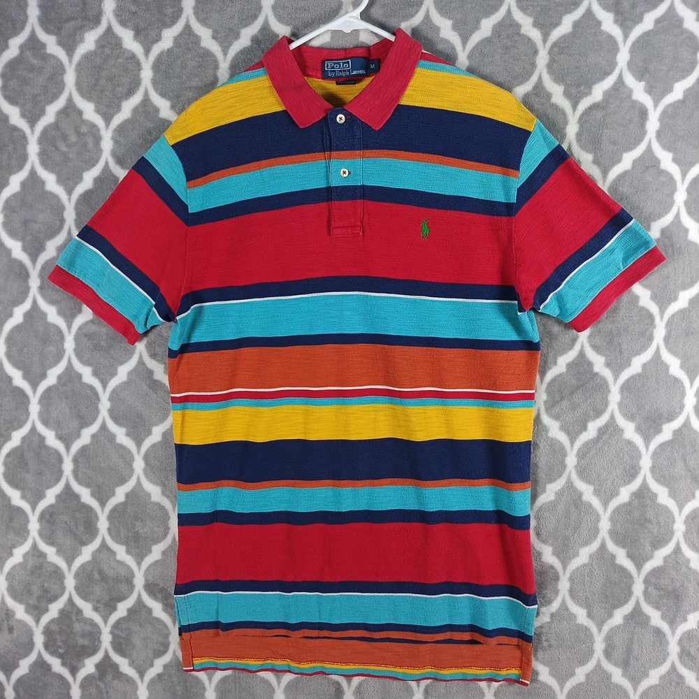 Polo Ralph Lauren Polo Shirt Men M Blue Red Stripe Lifesaver Textured Cotton